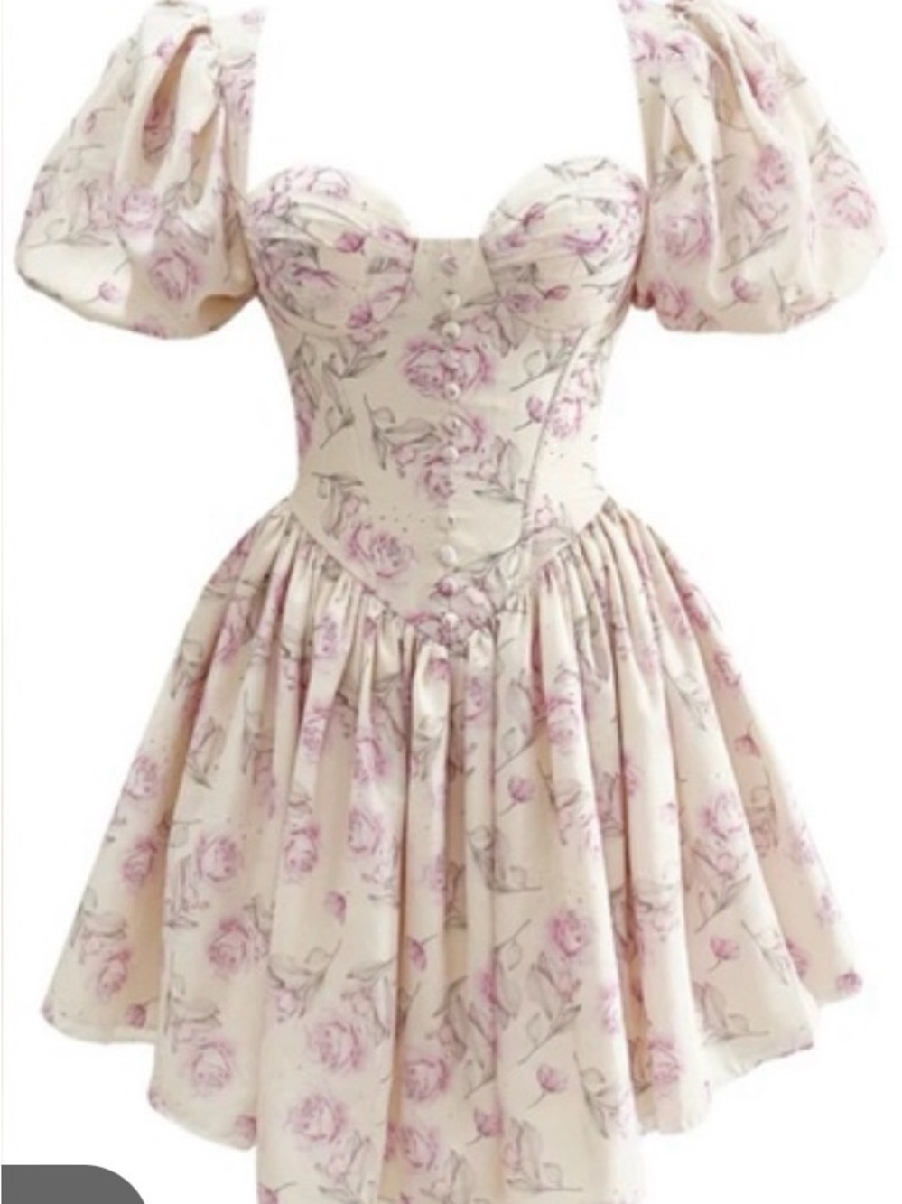 Romantic  Mini Dress with Pink Rose Print and Puff Sleeves